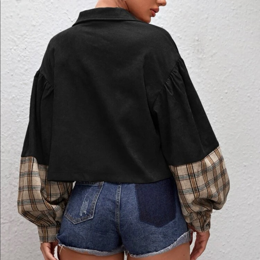 Corduroy Jacket, Cropped Plaid Patchwork Coat, Puffy Long Sleeve Button Down Top - Picture 5 of 5